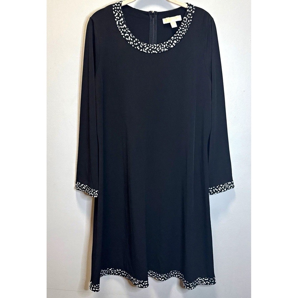 Michael Michael Kors Dress Women's 1X Black White Animal Shift 3/4 Sleeve Zip